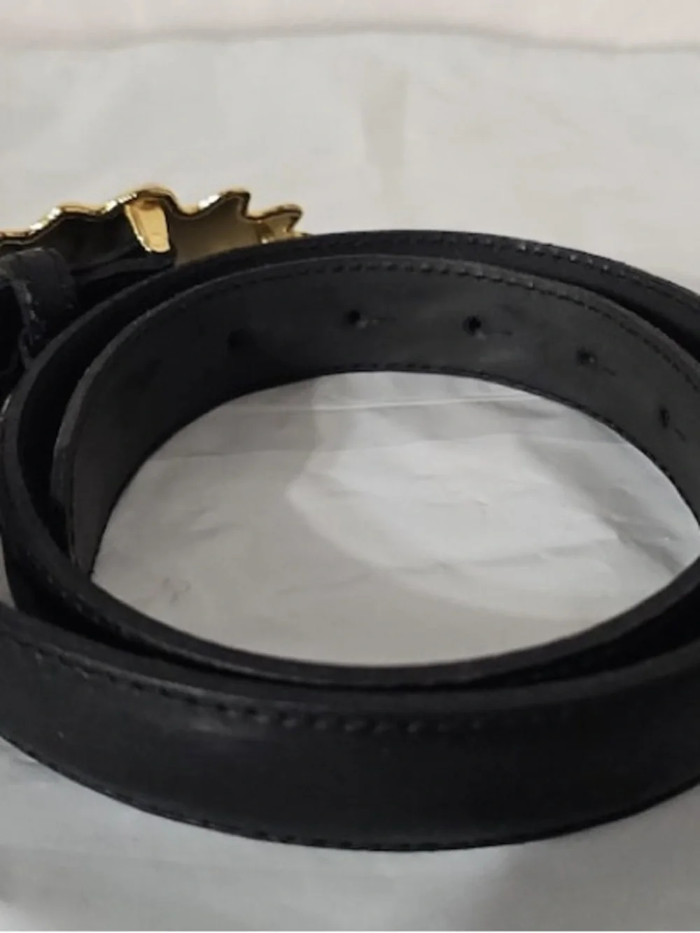 Vintage Ines de la Fressange ~Black Leather Belt with Golden Oak Leaf Buckle